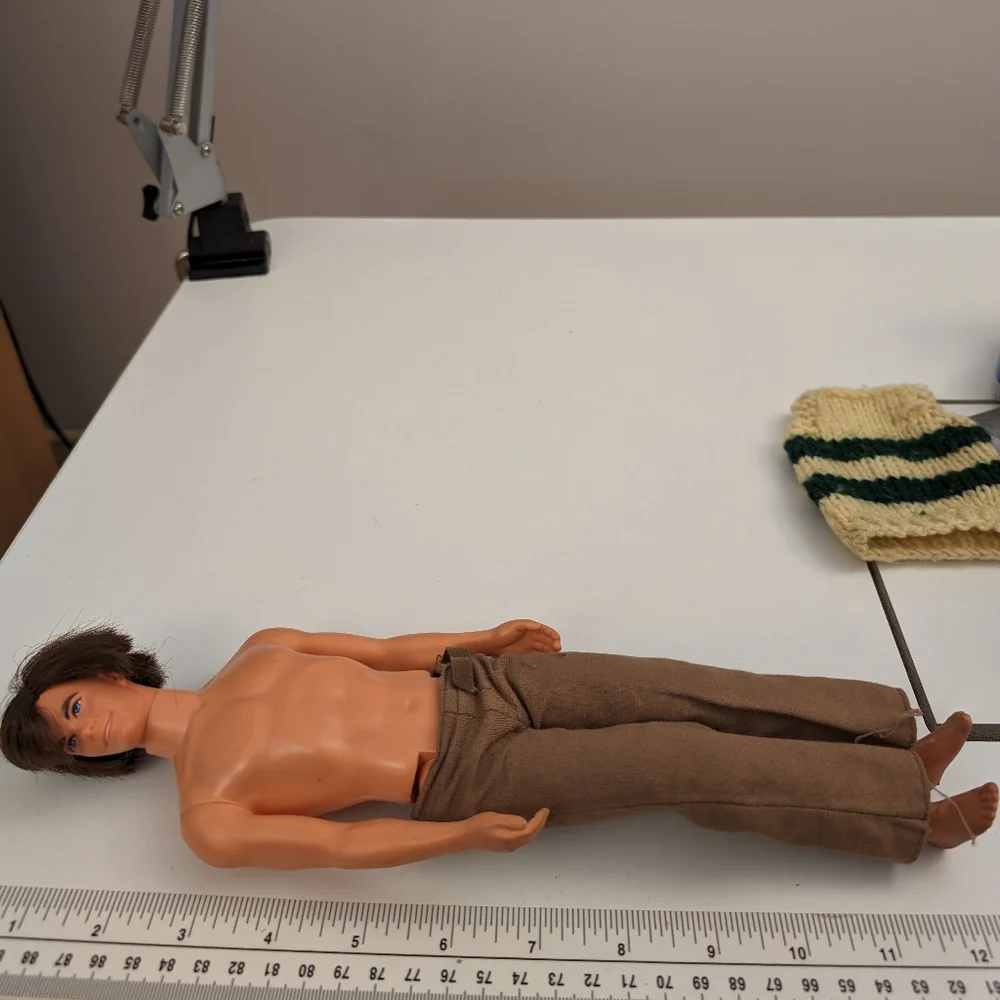 Vintage Ken Doll Rooted Dark Brown Hair Blue Eyes, 1968 with hand knit sweater